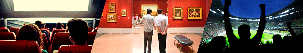 Collage of images of a movie theatre, art museum and soccer stadium